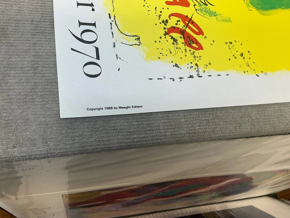 Original lithograph exhibition poster by Marc Chagall, "The Yellow Background" 1969, featuring vibrant colors and artistic design.