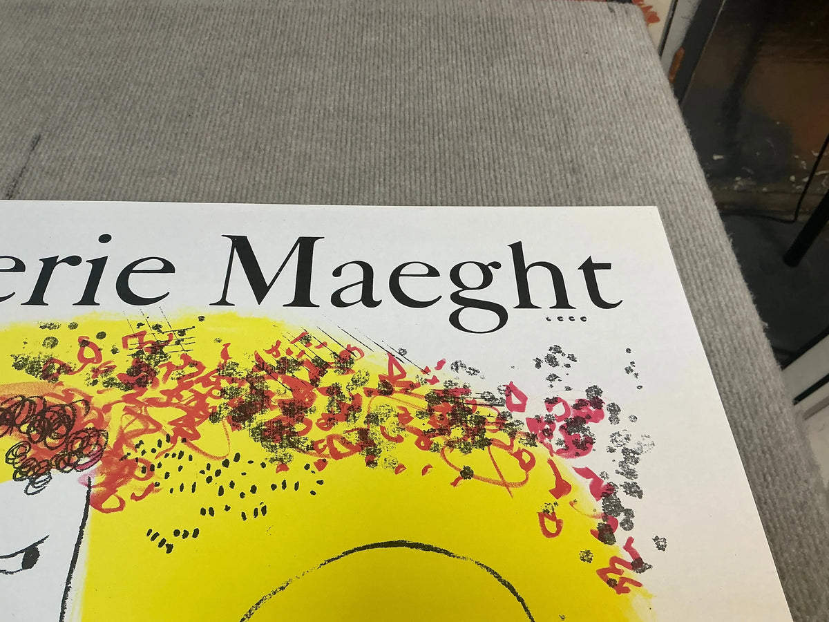 Original lithograph exhibition poster by Marc Chagall featuring a yellow background from 1969, displayed as a decorative art print.