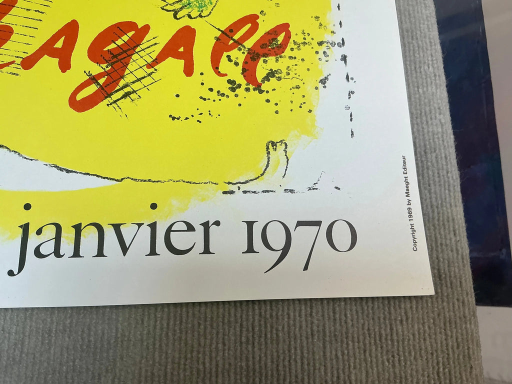 Original lithograph exhibition poster by Marc Chagall titled "The Yellow Background" from 1969, featuring vibrant yellow tones and abstract artwork.