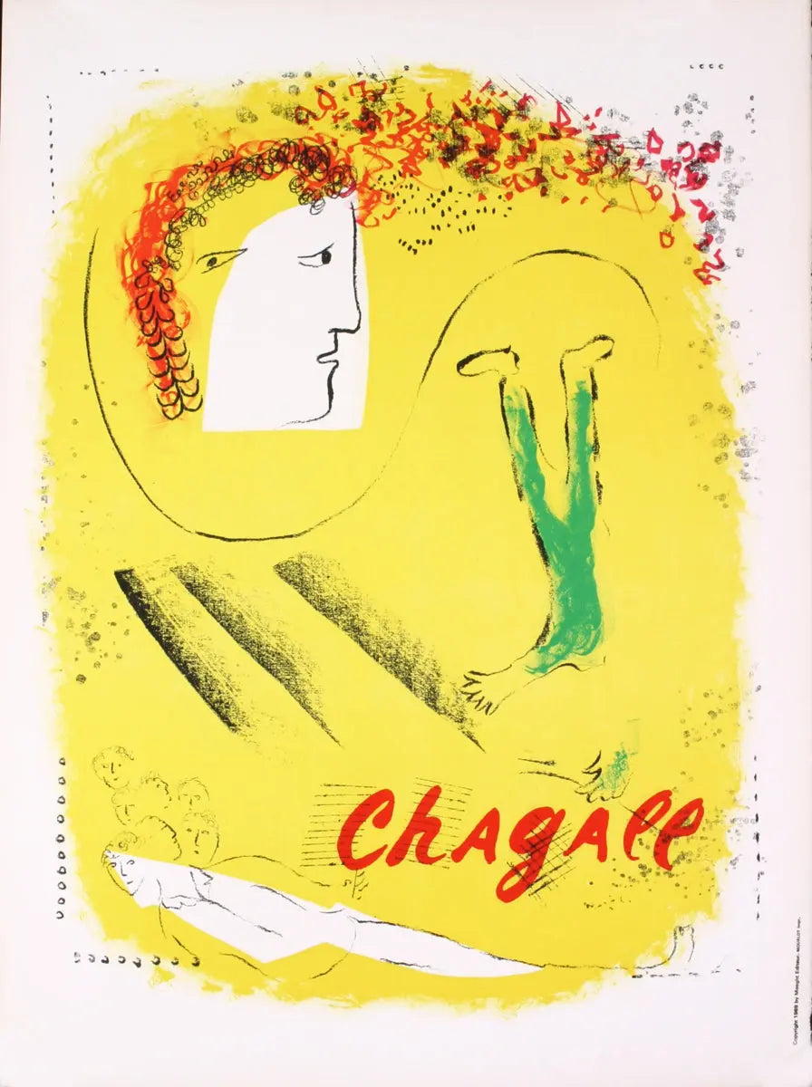 Original Marc Chagall lithograph titled The Yellow Background from 1969, featuring vibrant colors and artistic imagery.