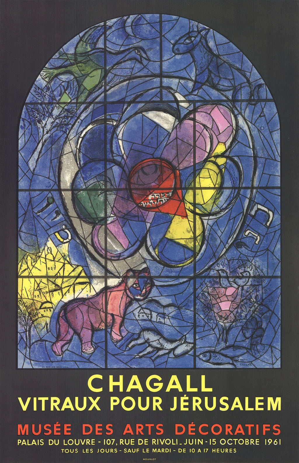Marc Chagall Tribe of Benjamin 1961 original exhibition lithograph poster featuring vibrant, abstract artwork by the renowned artist.