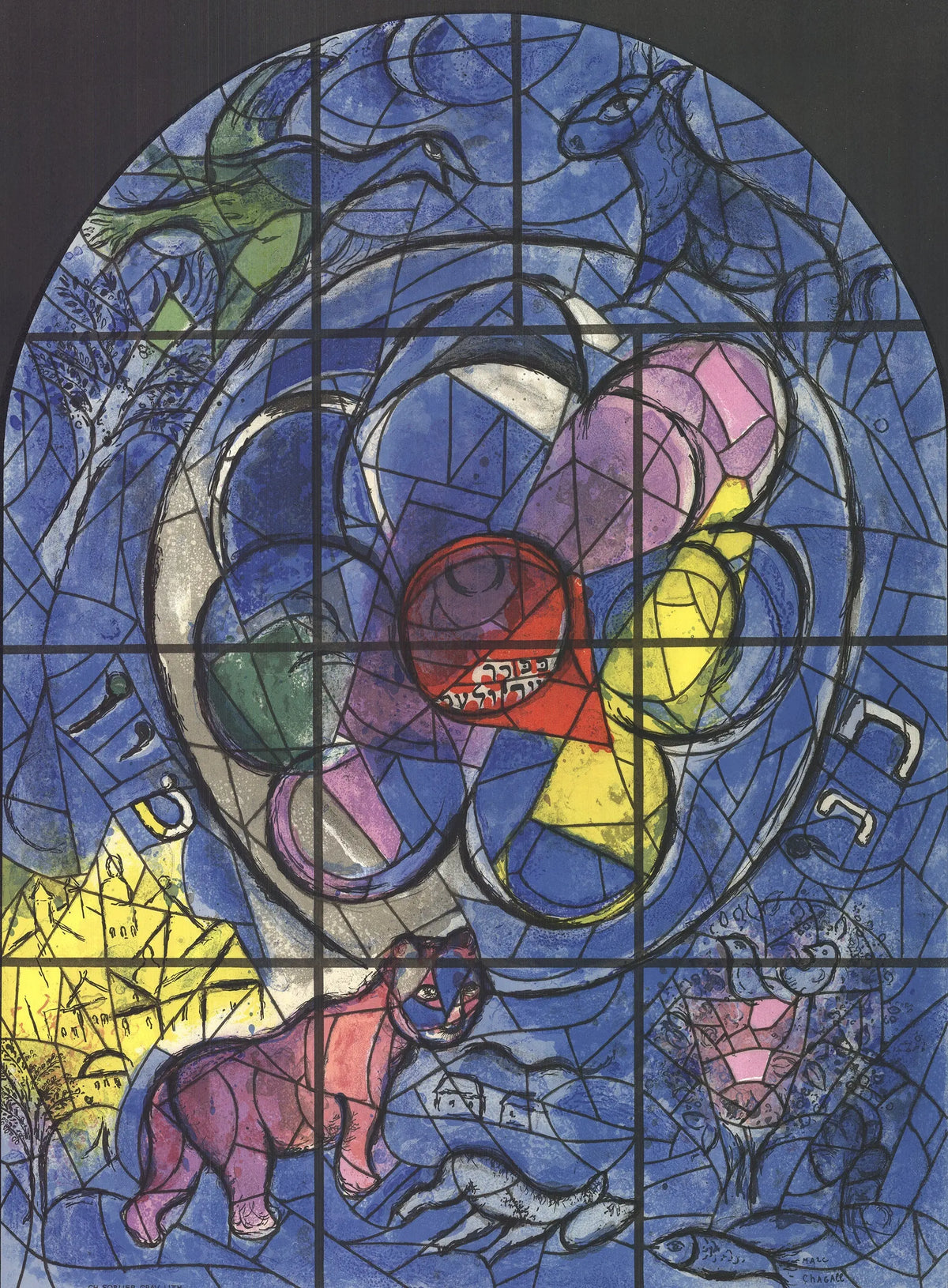 Original Marc Chagall lithograph poster of Tribe of Benjamin from the 1961 exhibition, featuring vibrant, expressive artwork.