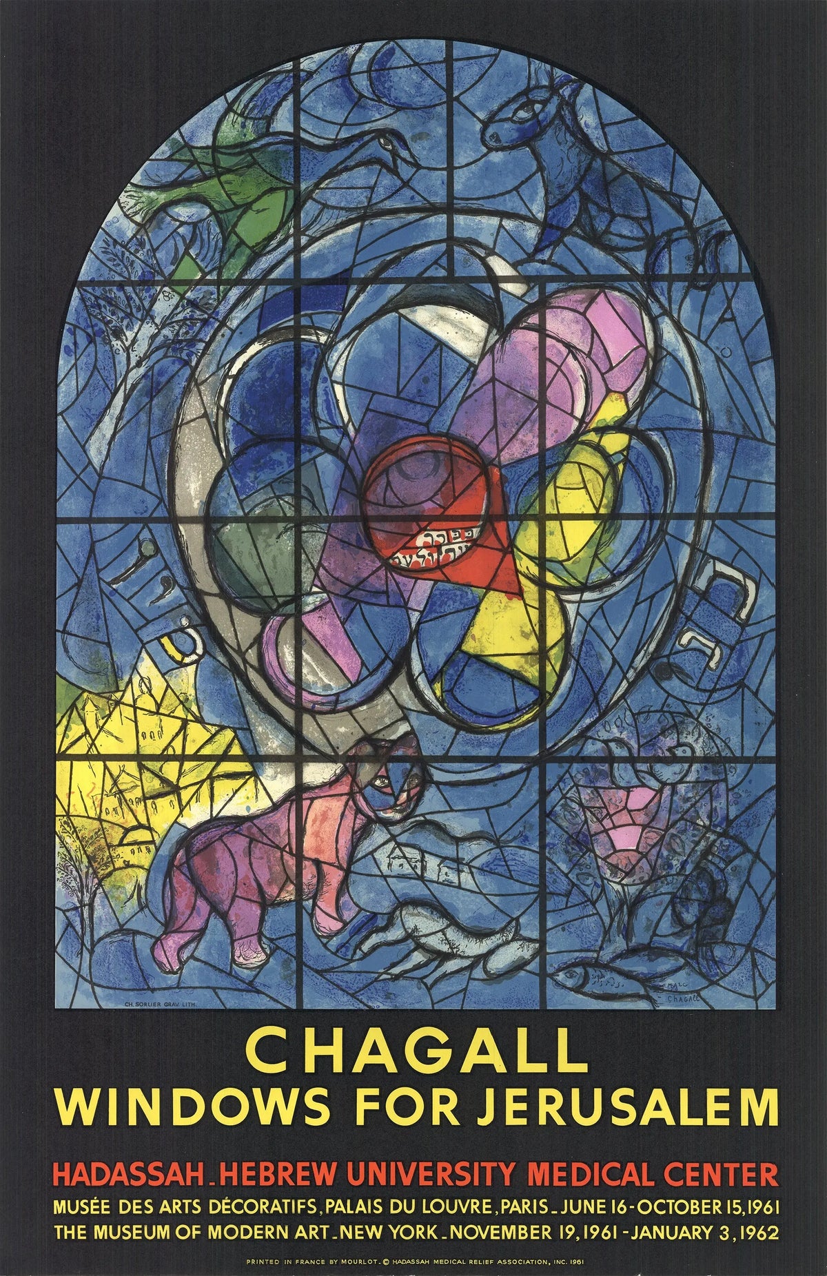 Marc Chagall lithograph art poster titled "Windows for Jerusalem" from the 1961 exhibition, featuring colorful abstract imagery.