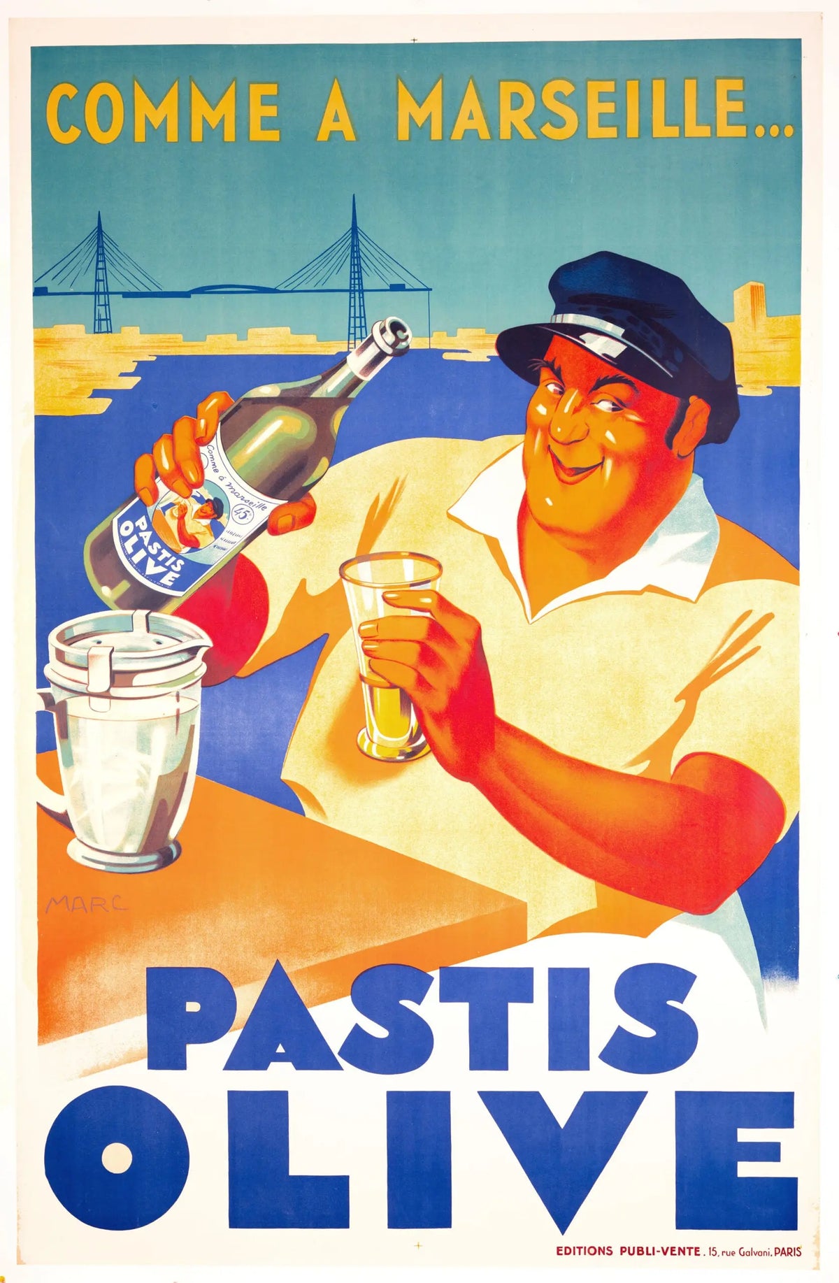 Original 1930 Pastis Olive French stone lithograph advertising poster by Marc, featuring vintage design and bold typography.