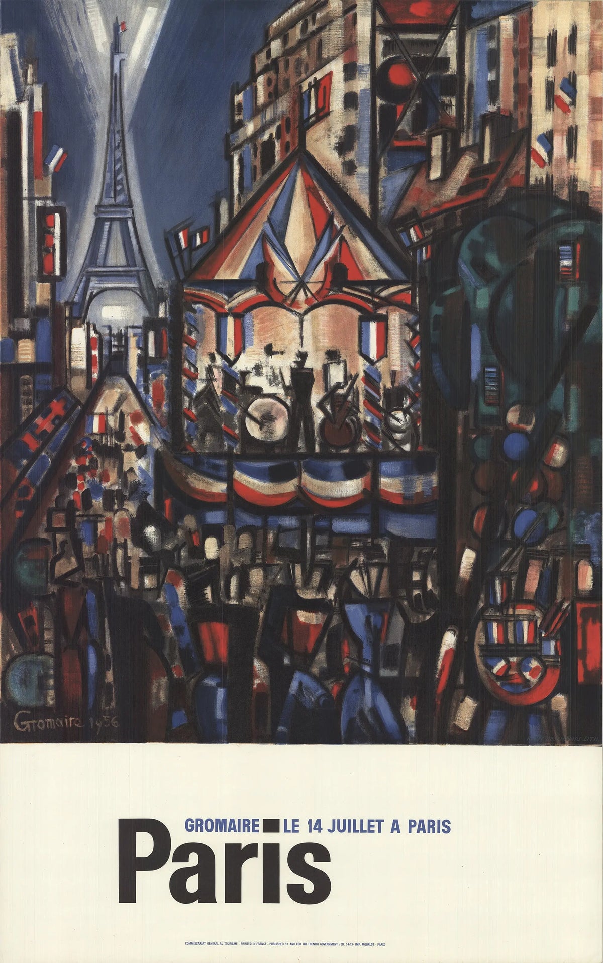 Original Marcel Gromaire Paris July 14th 1964 Mourlot lithograph poster showcasing abstract art and vibrant colors.