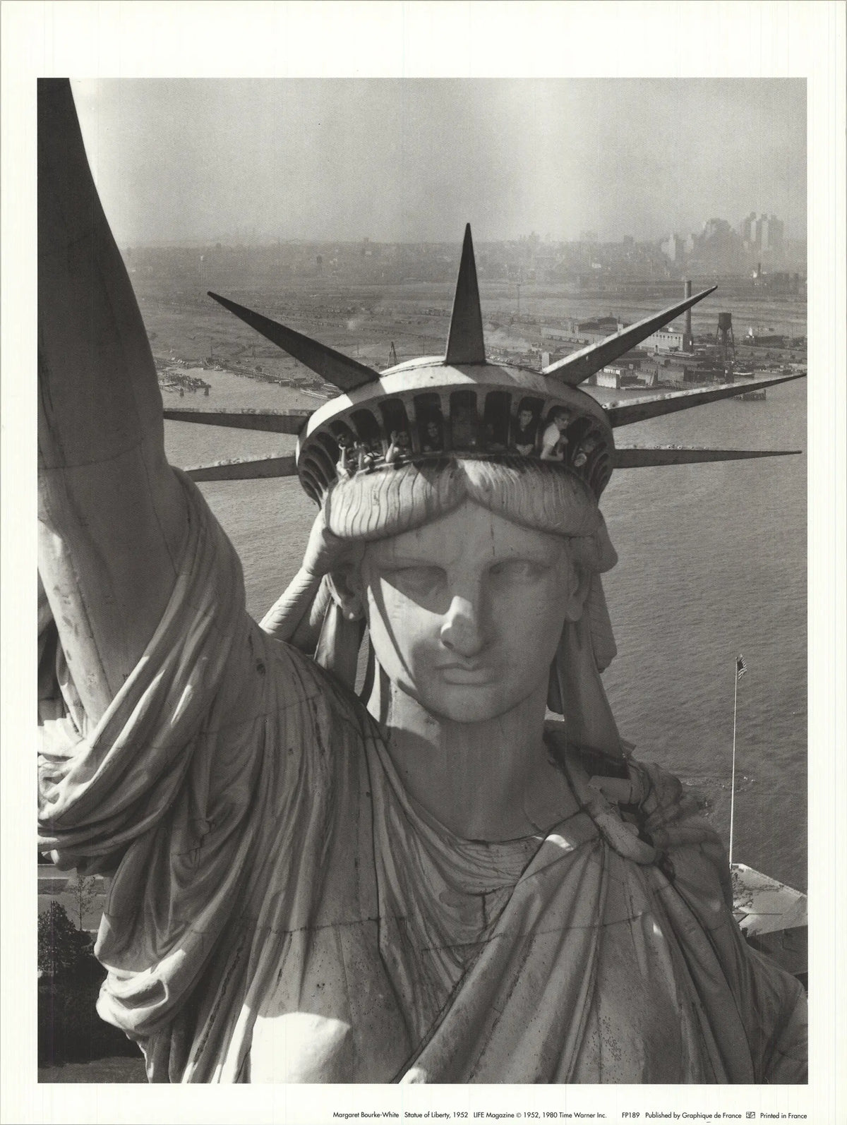 Vintage offset lithograph print of the Statue of Liberty by Margaret Bourke-White, 1952, showcasing detailed artwork and historical significance.