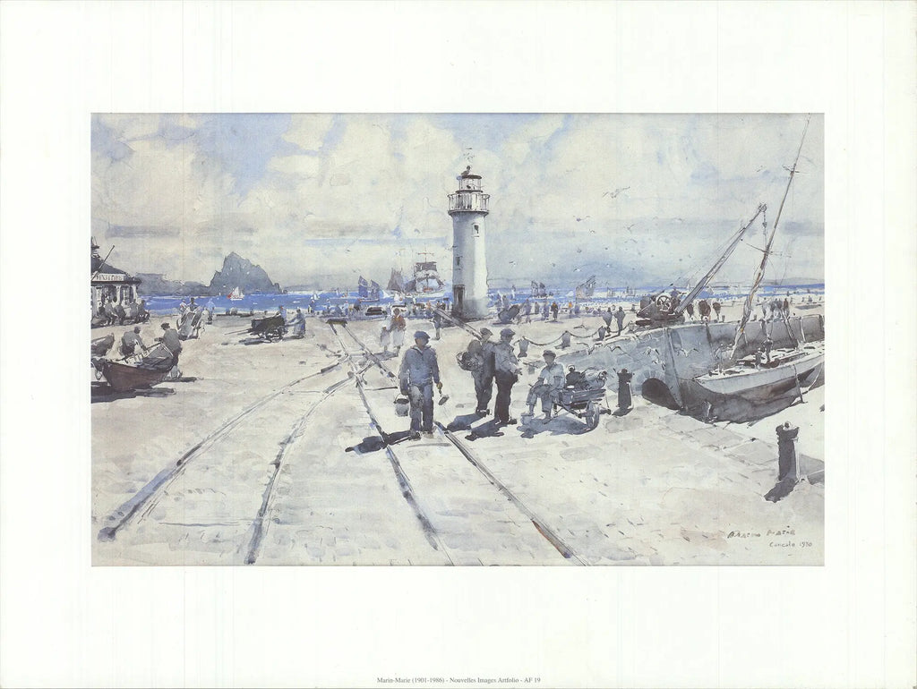 Marin-Marie Lighthouse nautical offset lithograph art poster print featuring maritime lighthouse scene, vintage maritime artwork.