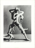 Signed limited edition lithograph art print of a climbing scene by Mark Kostabi, 1988, featuring vibrant colors and detailed artwork.
