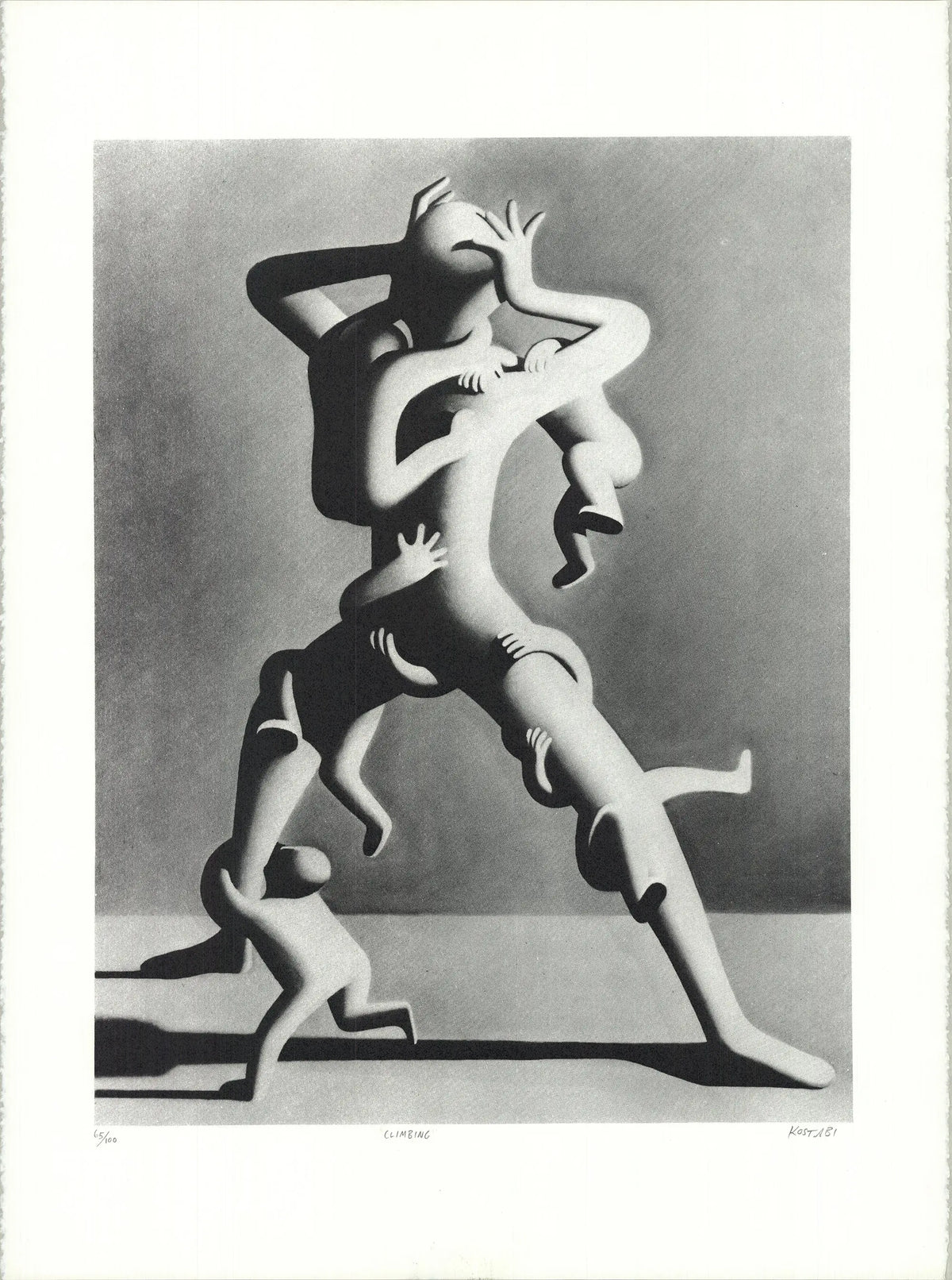 Signed limited edition lithograph art print of a climbing scene by Mark Kostabi, 1988, featuring vibrant colors and detailed artwork.