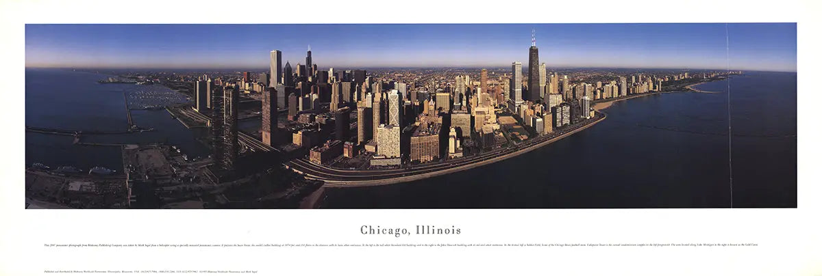 Mark Segal Chicago IL panoramic skyline offset lithograph art poster showing cityscape and buildings.