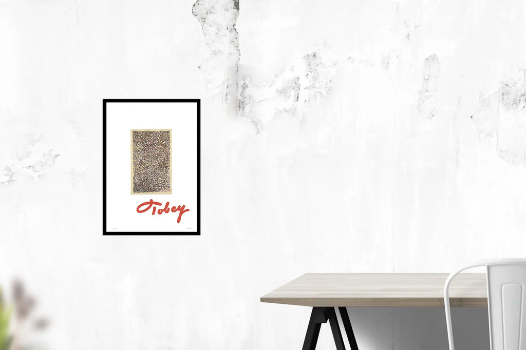 Mark Tobey stained glass 1974 lithograph abstract art exhibition poster showcasing vibrant colors and intricate design details.