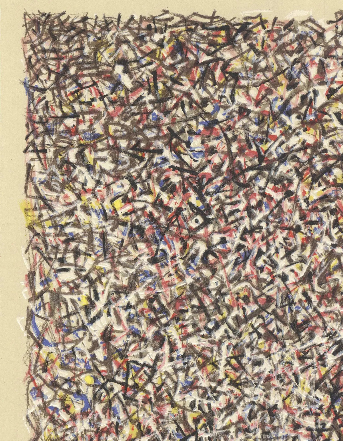 Mark Tobey stained glass lithograph from 1974, abstract art exhibition poster featuring vibrant colors and intricate designs.