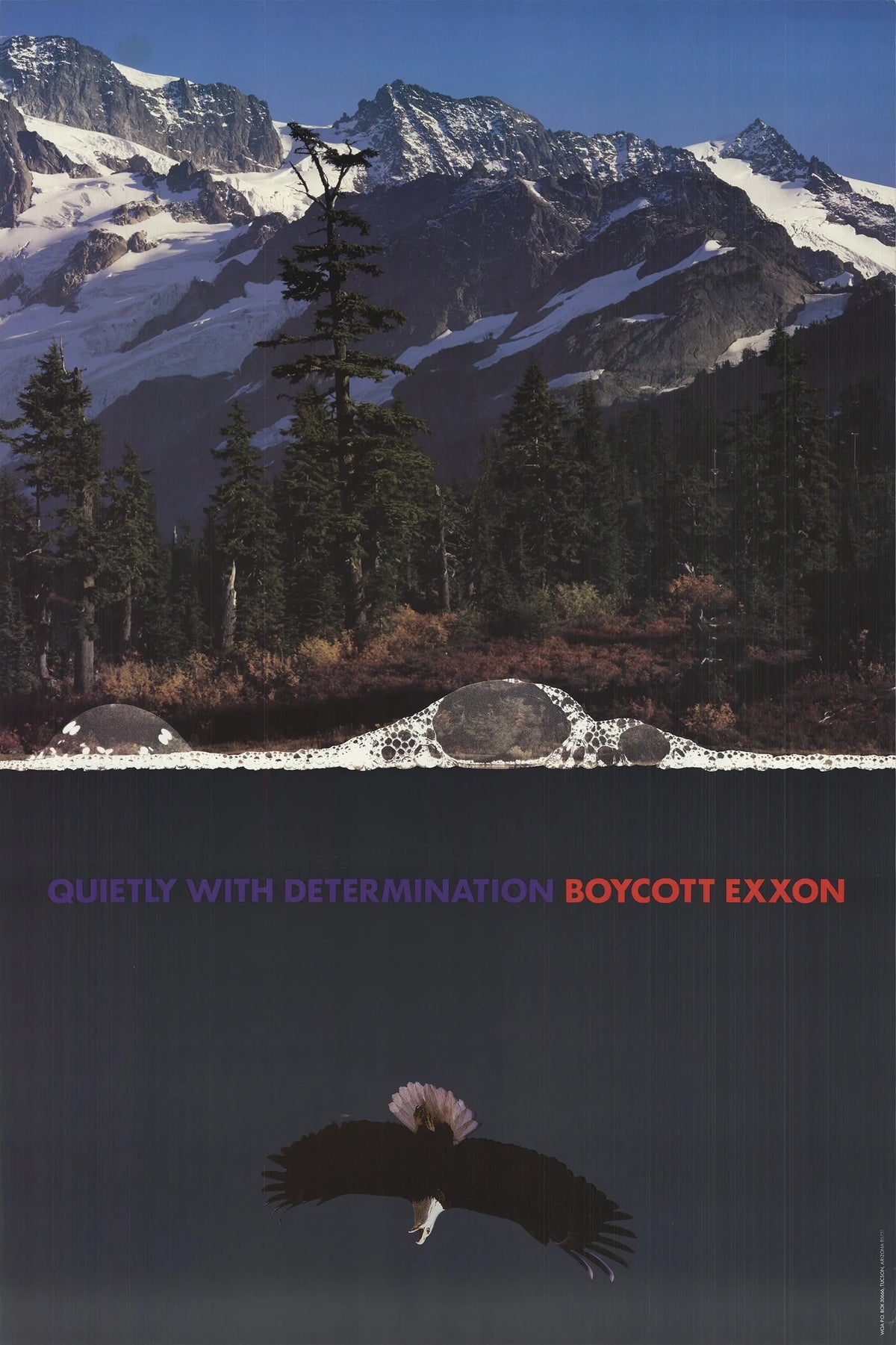 Offset lithograph poster by Markus Raetz titled "Quietly with Determination," featuring a boycotting Exxon message.