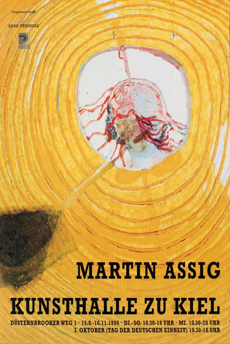 Martin Assig Kunsthalle Kiel 1996 exhibition offset lithograph poster showing abstract artwork and vibrant colors.