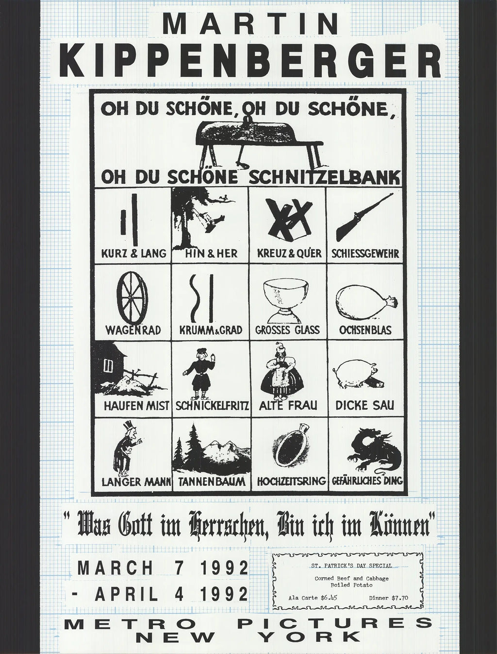 Martin Kippenberger lithograph poster titled "What God Reigns I Can Do" from 1992, featuring abstract artwork and bold imagery.