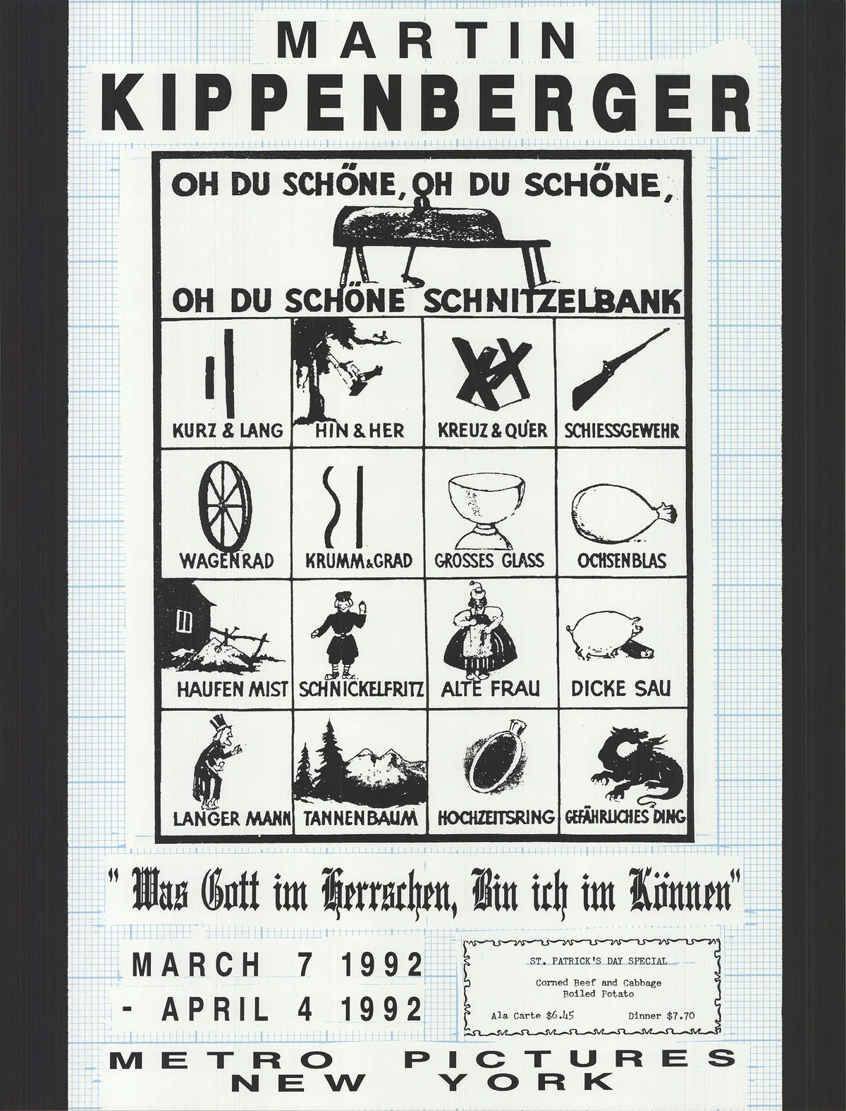 Martin Kippenberger lithograph poster titled "What God Reigns I Can Do" from 1992, featuring abstract artwork and bold imagery.