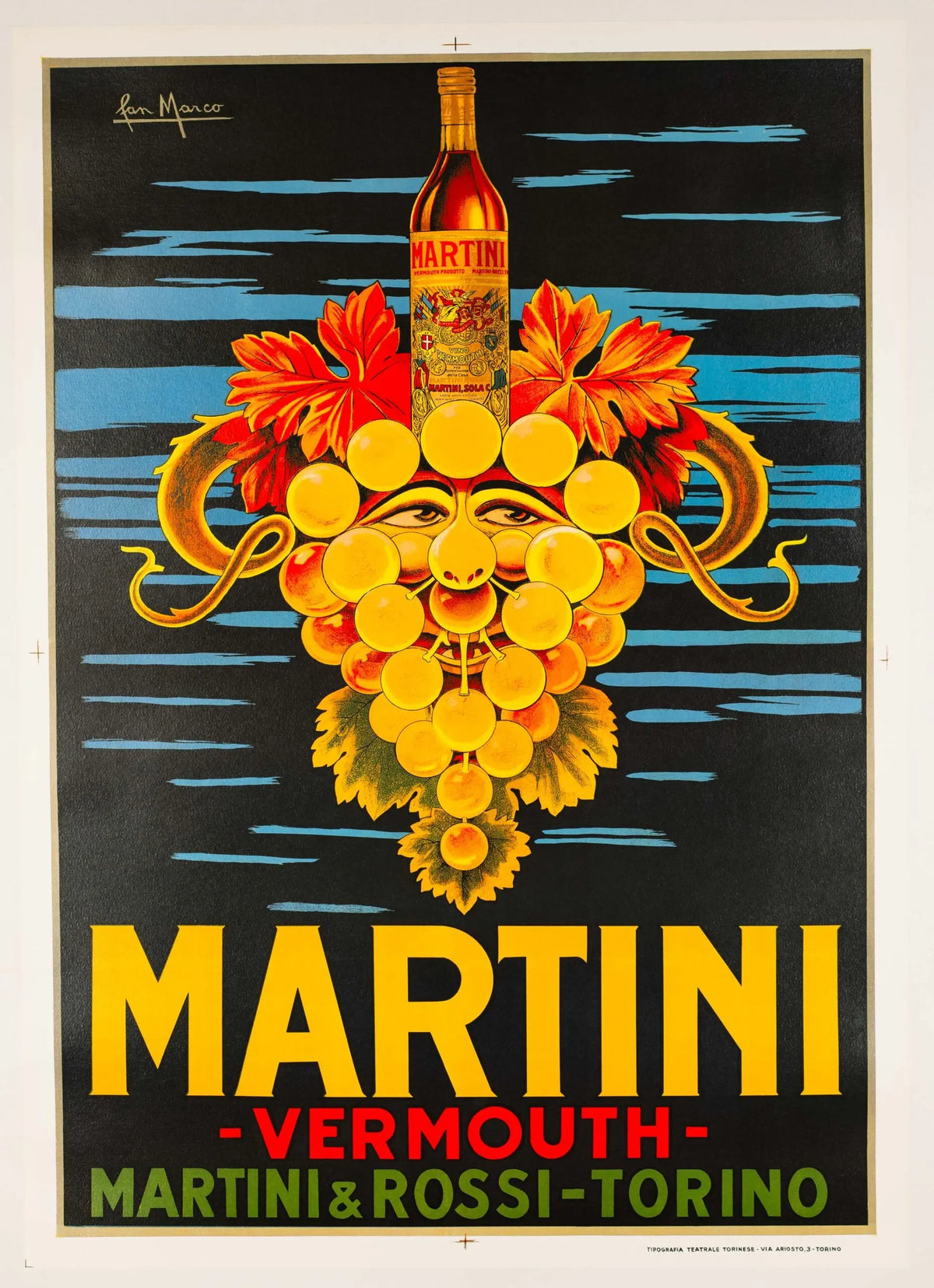 Vintage 1960s Italian Martini & Rossi Vermouth lithograph poster, featuring classic branding and retro design.
