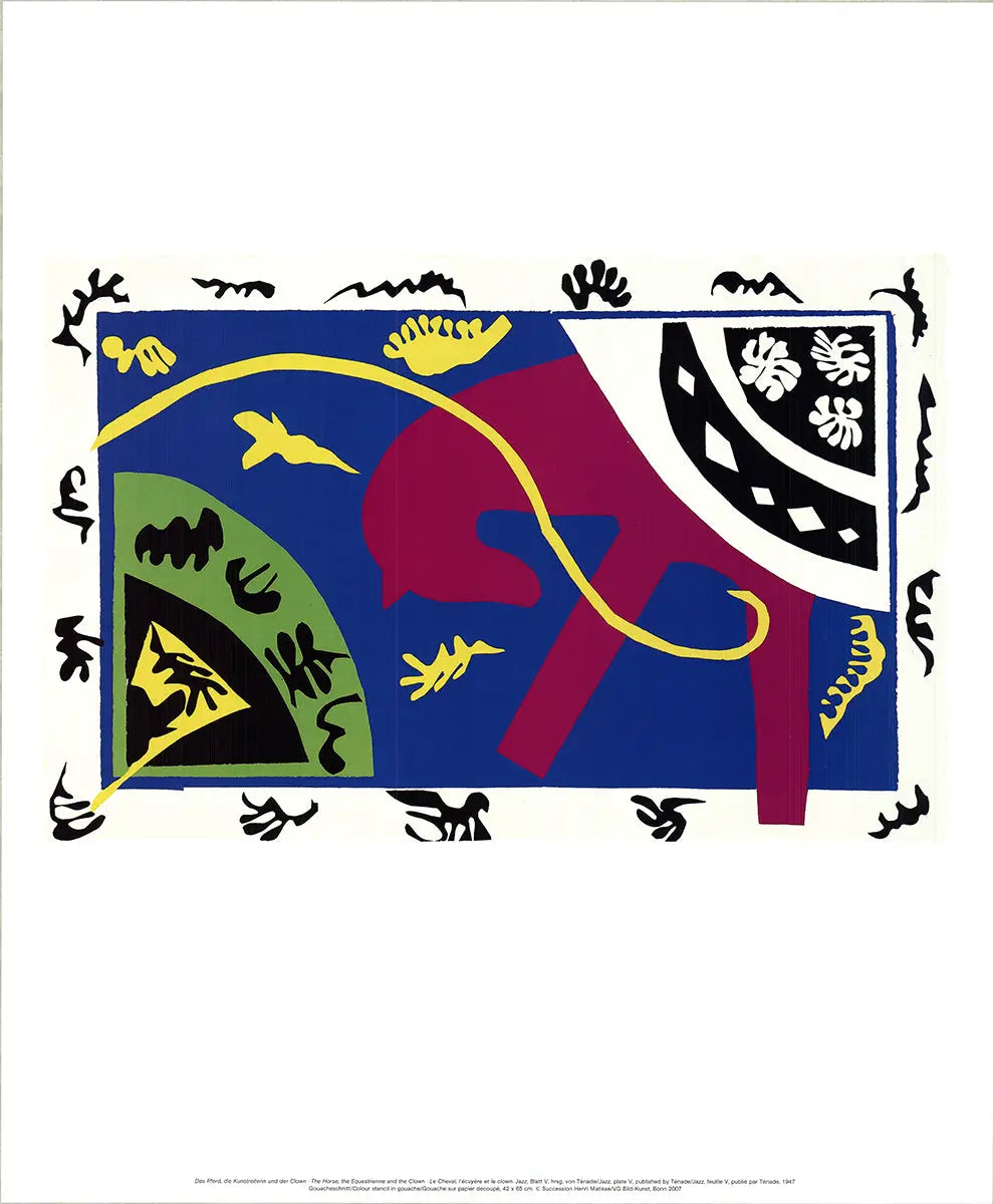 Henri Matisse lithograph poster featuring The Horse, The Equestrienne, and The Clown, vibrant art print on paper.