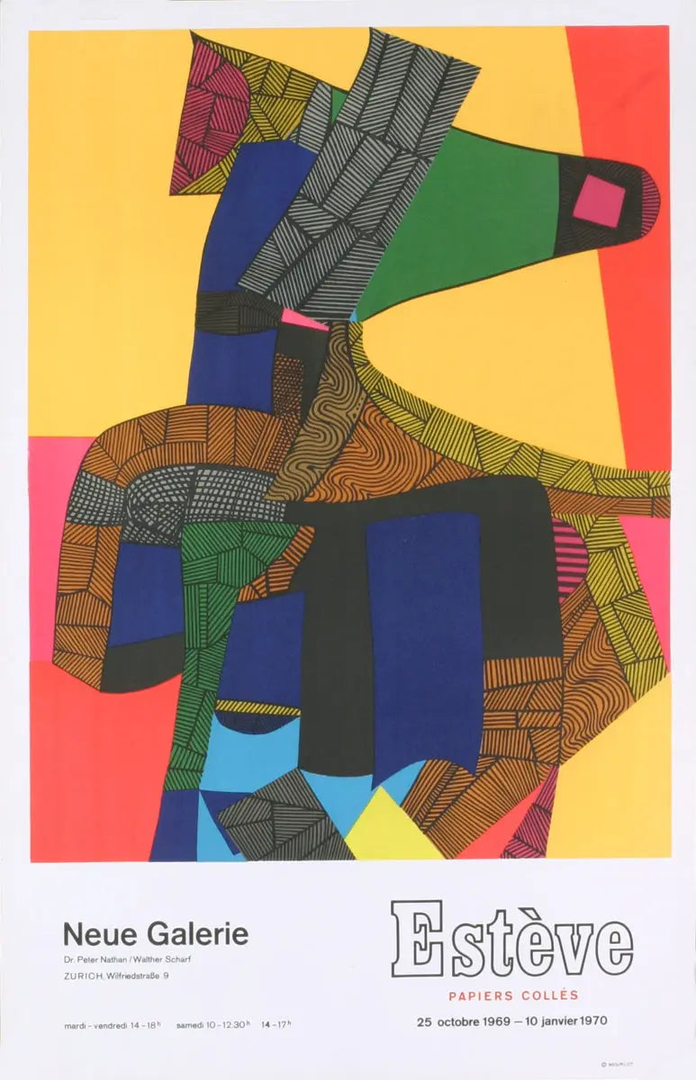 Original 1969 Maurice Estève Papiers Collés abstract lithograph poster showcasing vibrant colors and textured paper collage artwork.