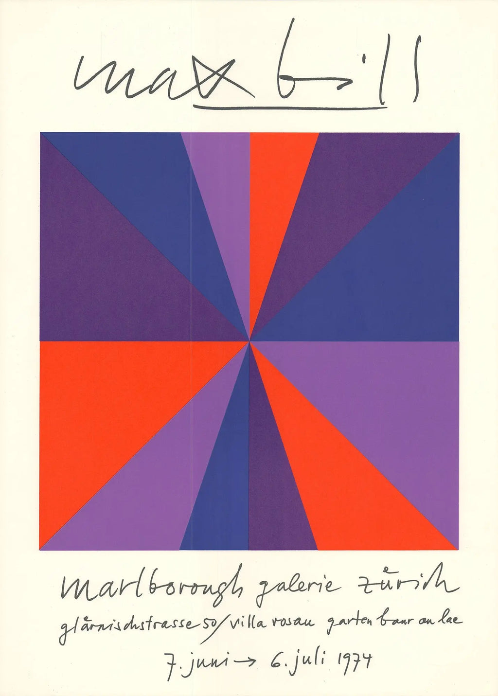 Max Bill Marlborough Galerie Zurich 1974 original exhibition lithograph poster featuring abstract geometric design and bold typography.