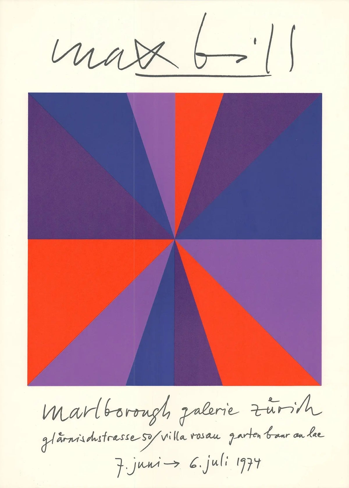 Max Bill Marlborough Galerie Zurich 1974 original exhibition lithograph poster featuring abstract geometric design and bold typography.