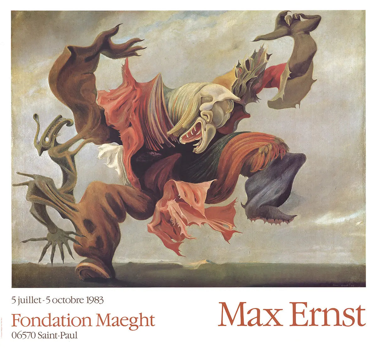 Max Ernst Surrealist Exhibition Poster lithograph featuring L'Ange Du Foyer from 1983, showcasing surrealist artwork.