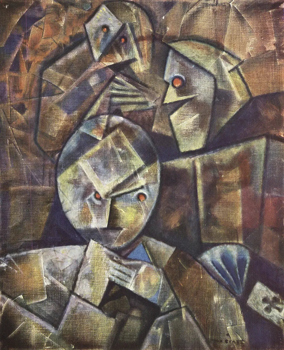Surrealist lithograph art print titled "Les Joueurs" by Max Ernst, featuring abstract figures and imaginative design.