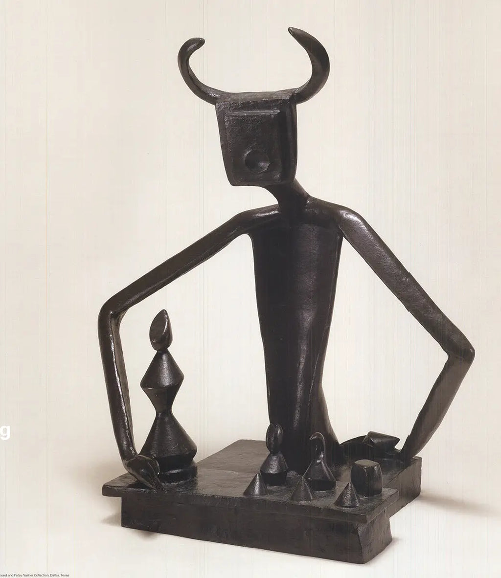 Max Ernst exhibition poster featuring artwork titled "The King Playing with the Queen" from 2003, showcasing surrealist art.