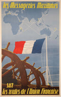 Vintage Art Deco steamship travel poster by Messageries Maritimes, featuring flags and maritime imagery from 1950.