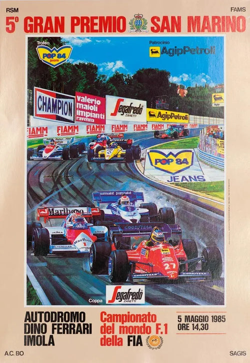 Vintage 1985 San Marino Grand Prix racing poster by Michael Turner featuring classic race car artwork.