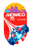 Vintage Michael Turner Monaco Grand Prix 1975 Formula 1 poster showing race cars on the Monaco circuit.