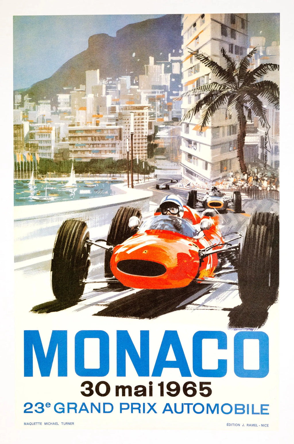 Vintage 1965 Monaco Grand Prix Michael Turner Formula 1 poster featuring classic race cars and event scene.