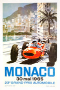 Vintage 1965 Monaco Grand Prix Michael Turner Formula 1 poster featuring classic race cars and event scene.