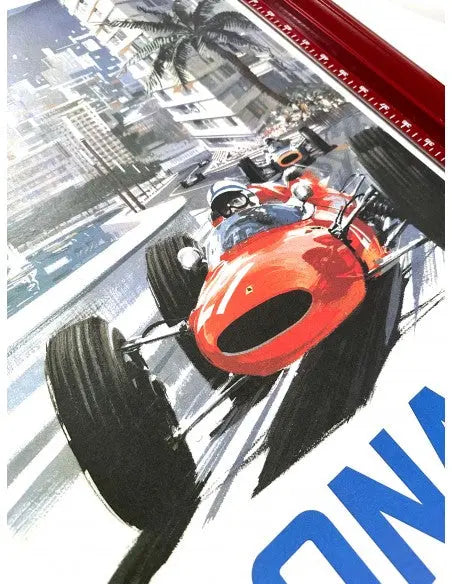 Vintage 1965 Monaco Grand Prix Michael Turner Formula 1 poster featuring classic race car artwork and racing scene.