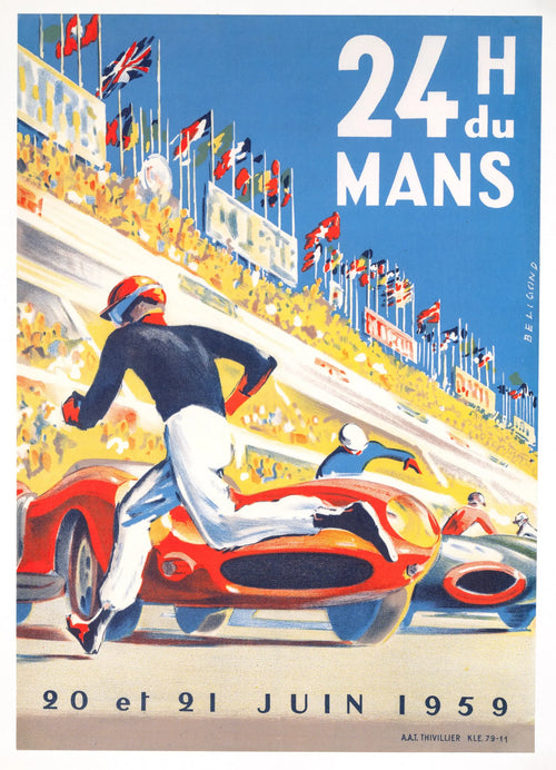 Vintage 1959 24 Hours of Le Mans poster by Michel Beligond featuring classic racing cars and historic Le Mans race scene.