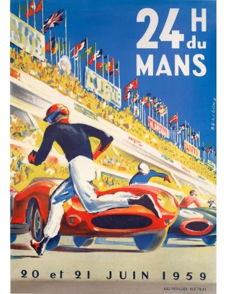 Vintage 1959 24 Hours of Le Mans poster by Michel Beligond featuring classic race car illustrations and bold racing graphics.