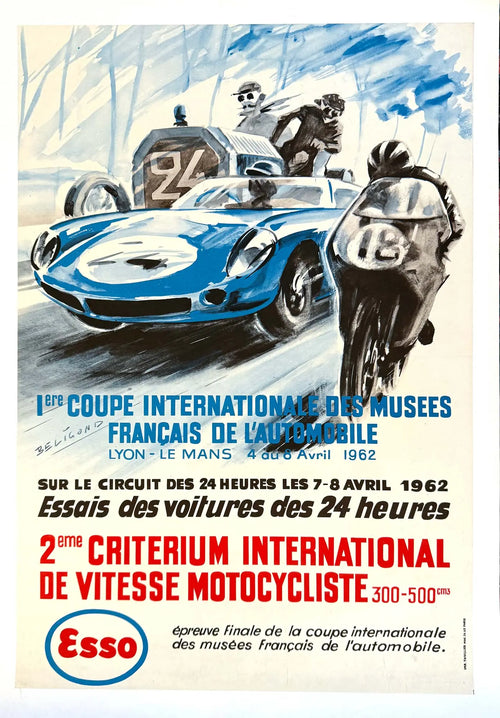 Vintage poster of Michel Beligond featuring 1962 Criterium International de Vitesse motocross race, showcasing classic motorcycle racing art.