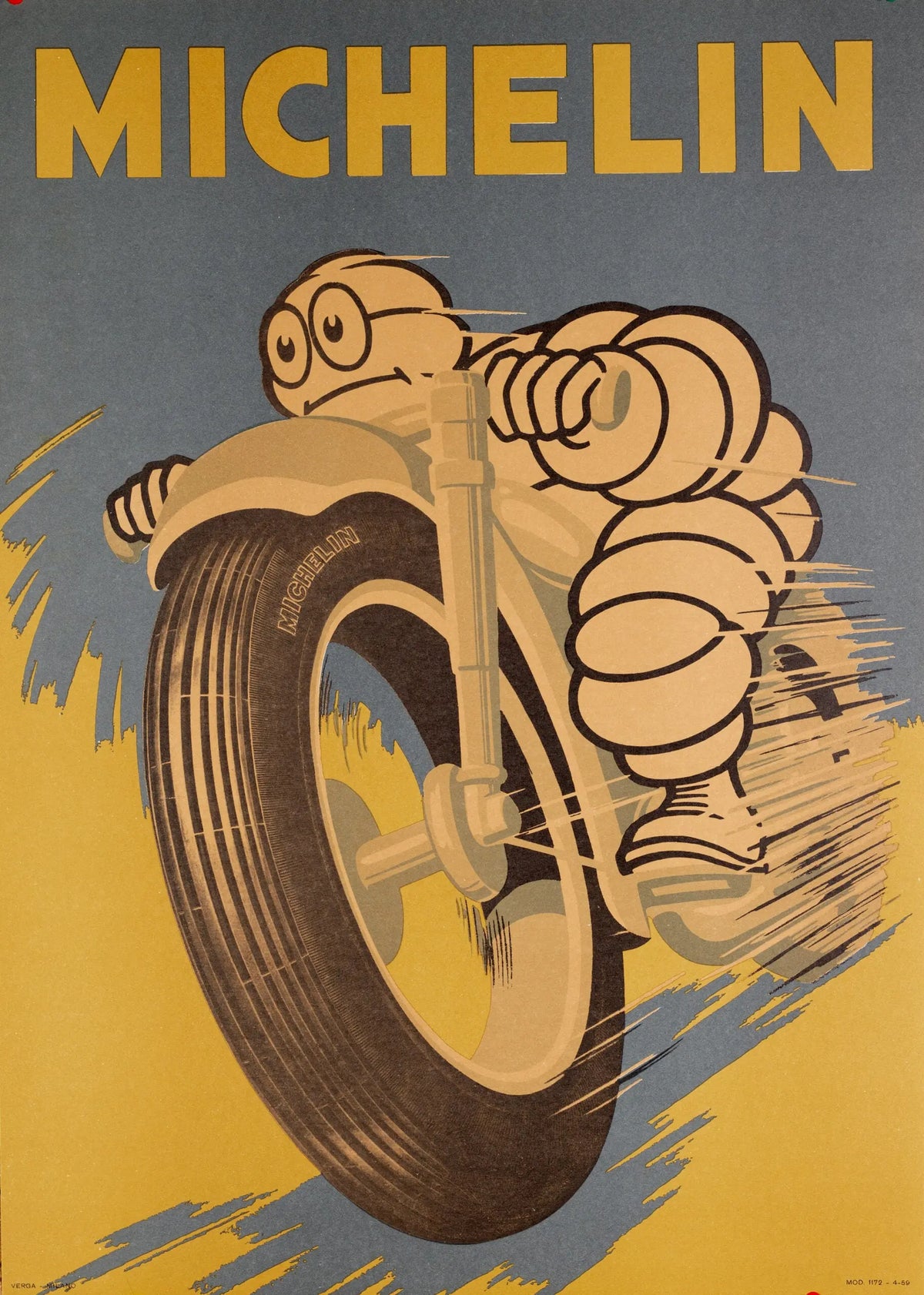 Vintage 1959 Michelin Bibendum motorcycle tire advertising poster with colorful motorcycle and classic design elements.