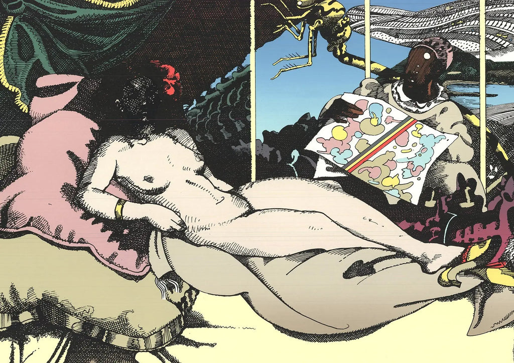 Signed Milton Glaser Olympia and Ollie 1974 artist proof lithograph featuring vibrant artwork and signature details.