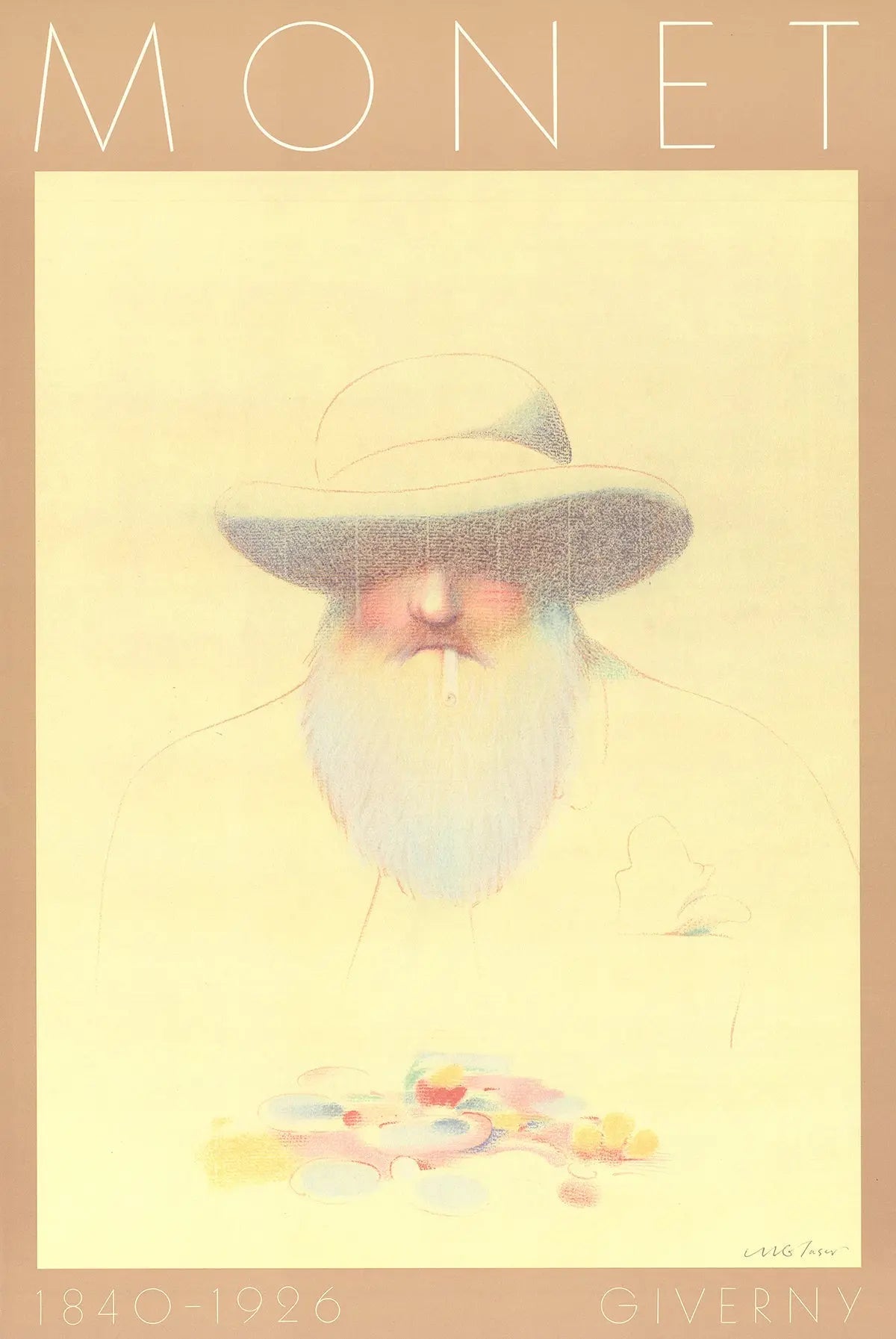Milton Glaser portrait of Monet offset lithograph art poster, featuring vibrant colors and artistic design from the exhibition.