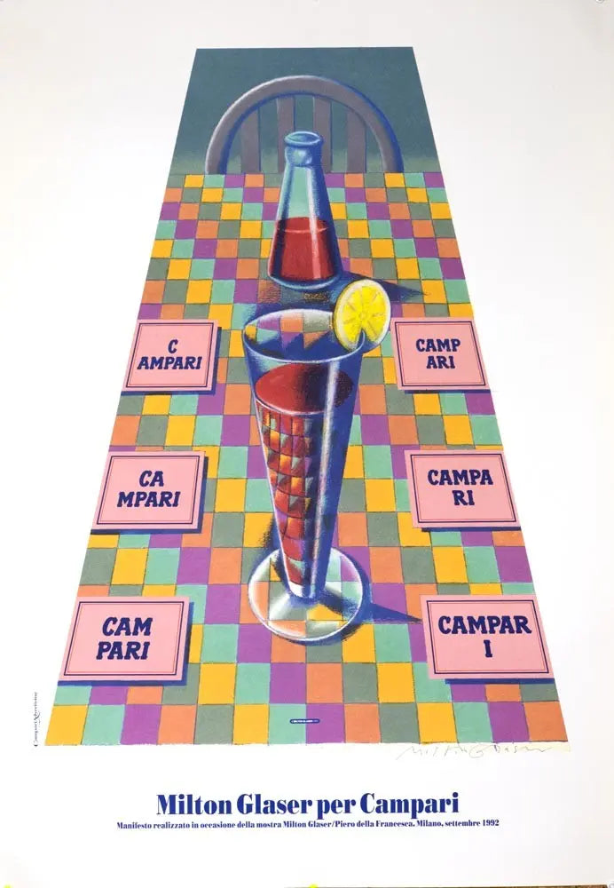 Milton Glaser signed 1992 Campari original serigraph poster on Arches paper featuring vibrant graphic art.