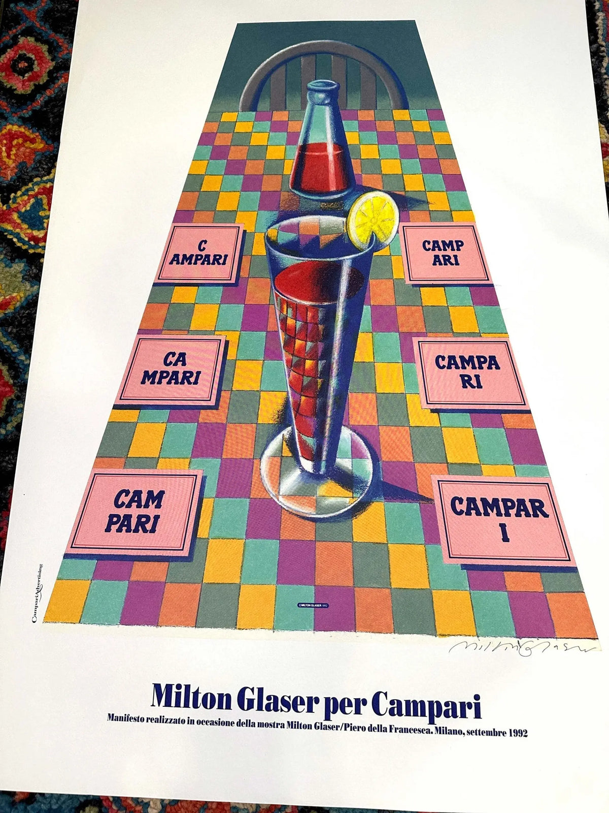 Milton Glaser signed Campari 1992 original serigraph poster on Arches paper featuring vibrant graphic design artwork.