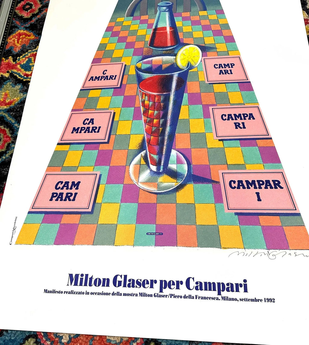 Milton Glaser signed Campari 1992 original serigraph poster on Arches paper, featuring vibrant graphic design and signature detail.