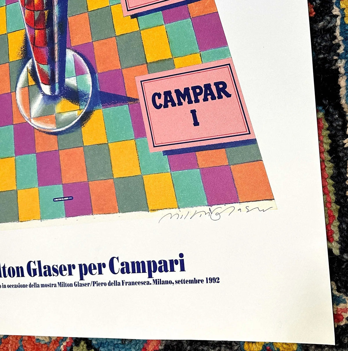 Milton Glaser signed Campari 1992 original serigraph on arches paper poster showcasing vibrant graphic design artwork.