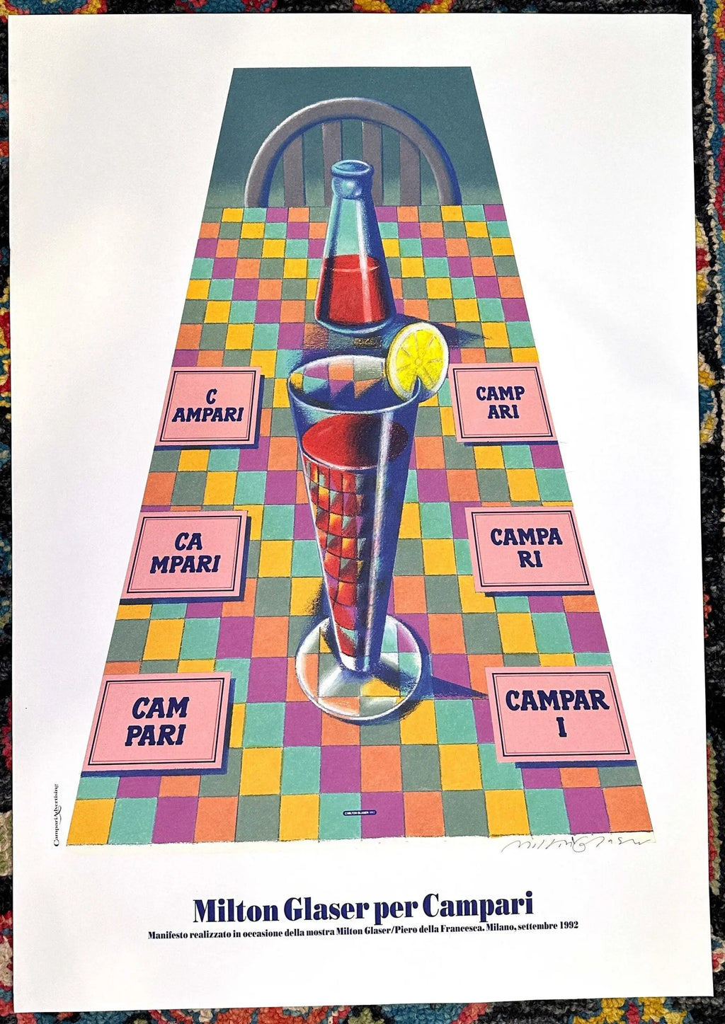 Milton Glaser signed Campari 1992 original serigraph poster on Arches paper, featuring vibrant vintage beverage artwork.