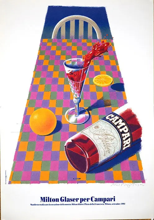 Milton Glaser signed Campari original lithograph art poster from 1992, featuring vibrant colors and bold graphic design.