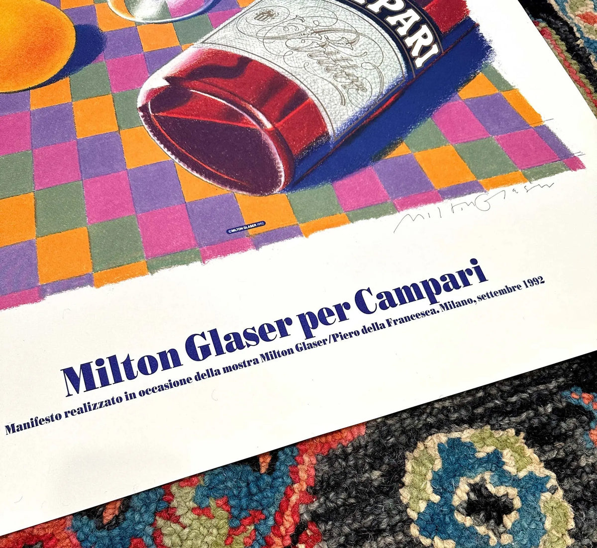 Milton Glaser signed Campari original lithograph art poster from 1992, featuring vibrant colors and iconic design elements.