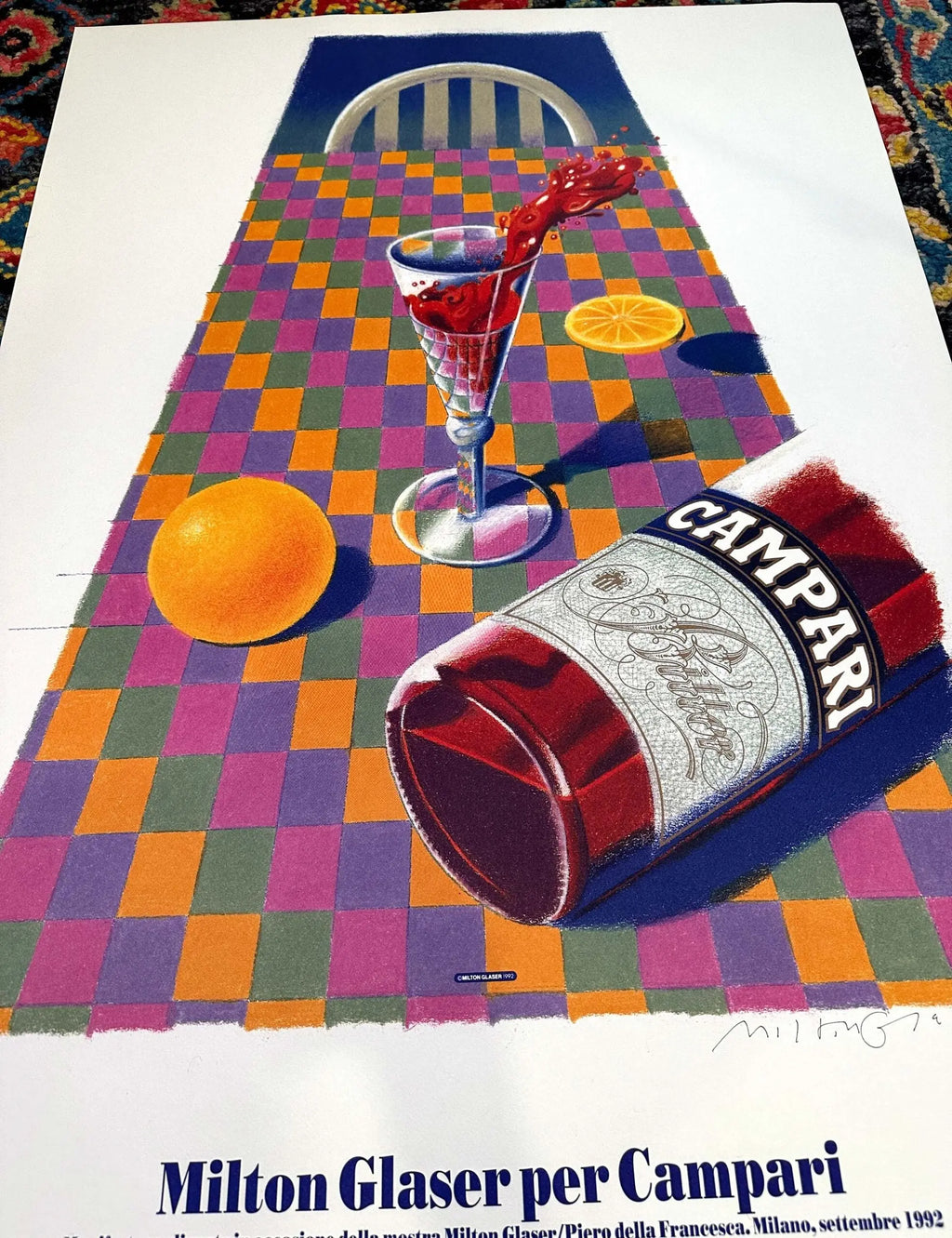 Signed Milton Glaser Campari lithograph art poster from 1992 featuring colorful graphic design and signature.
