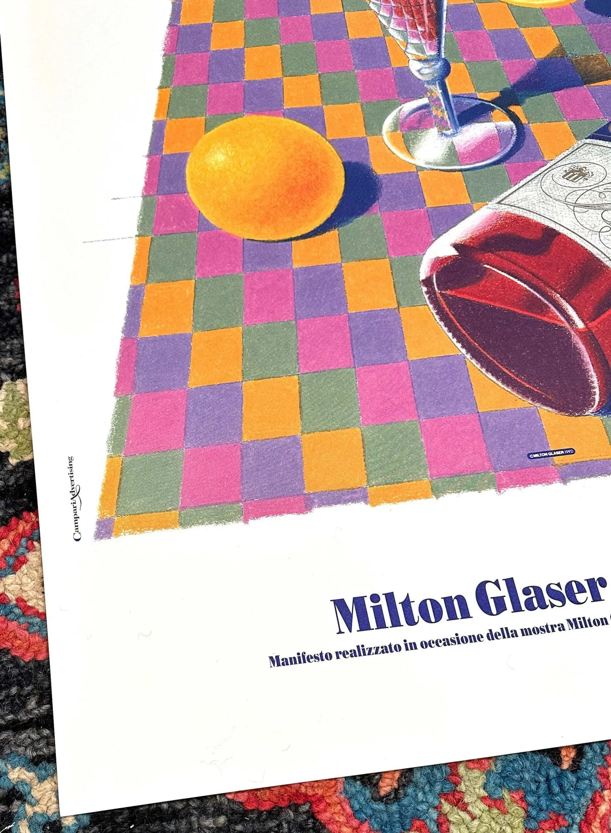 Milton Glaser signed Campari lithograph art poster from 1992 featuring bold colors and graphic design elements.
