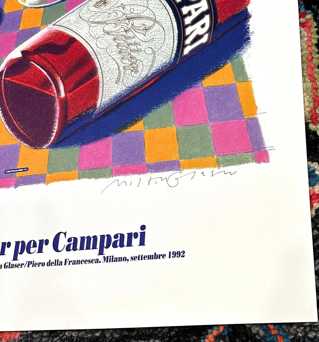 Signed Milton Glaser Campari lithograph art poster from 1992 featuring vibrant, colorful graphic design by the renowned artist.